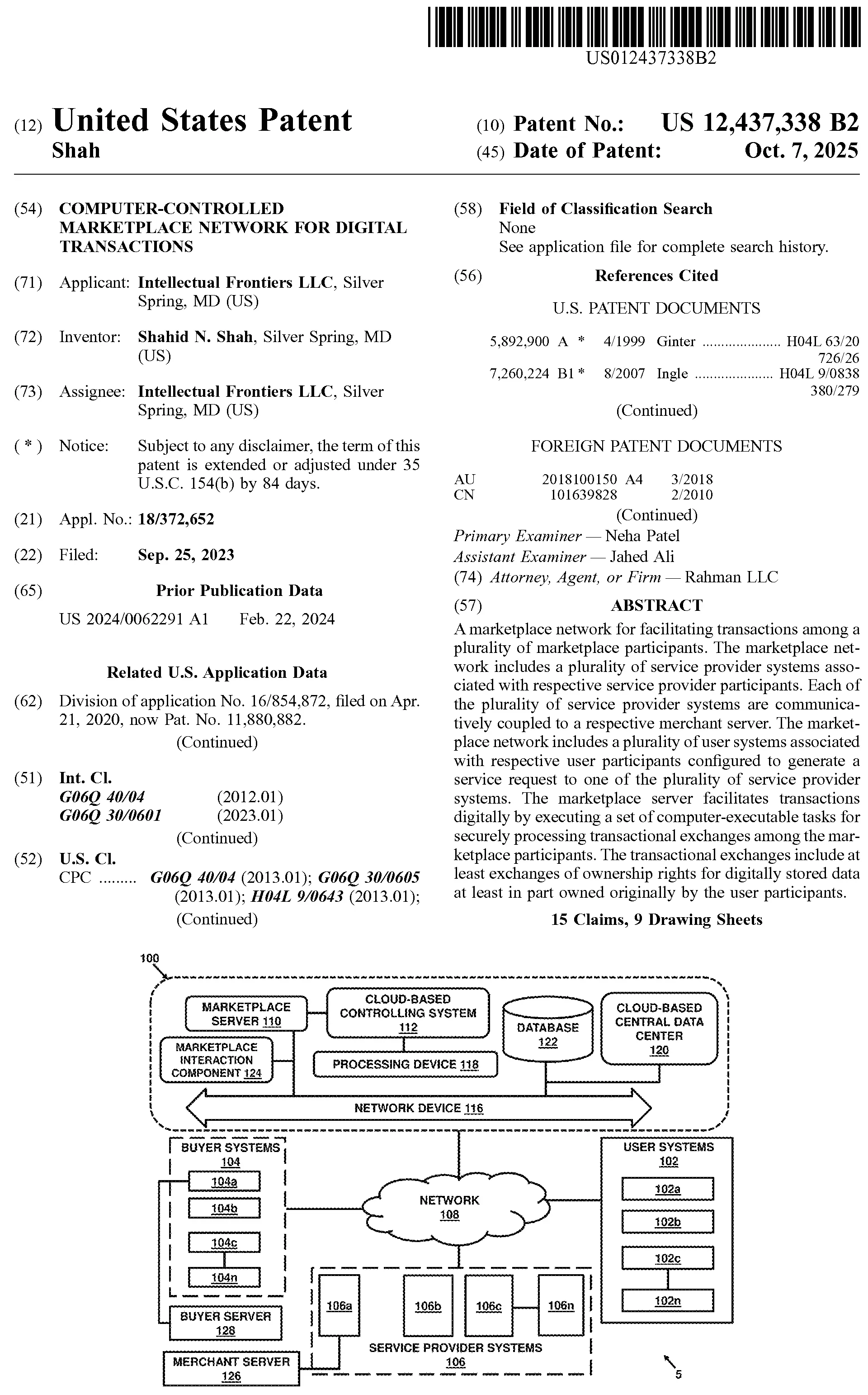 Patent for a computer-controlled digital marketplace that enables secure online transactions and ownership transfers of digital data between users and service providers.